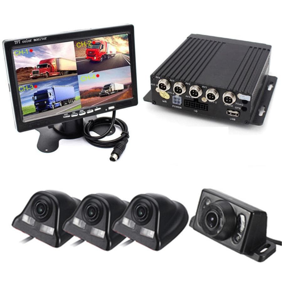 4-kanals mobil DVR for bil, sikkerhetsvideoopptaker med kameraer, LCD-skjerm, panoramisk 360°