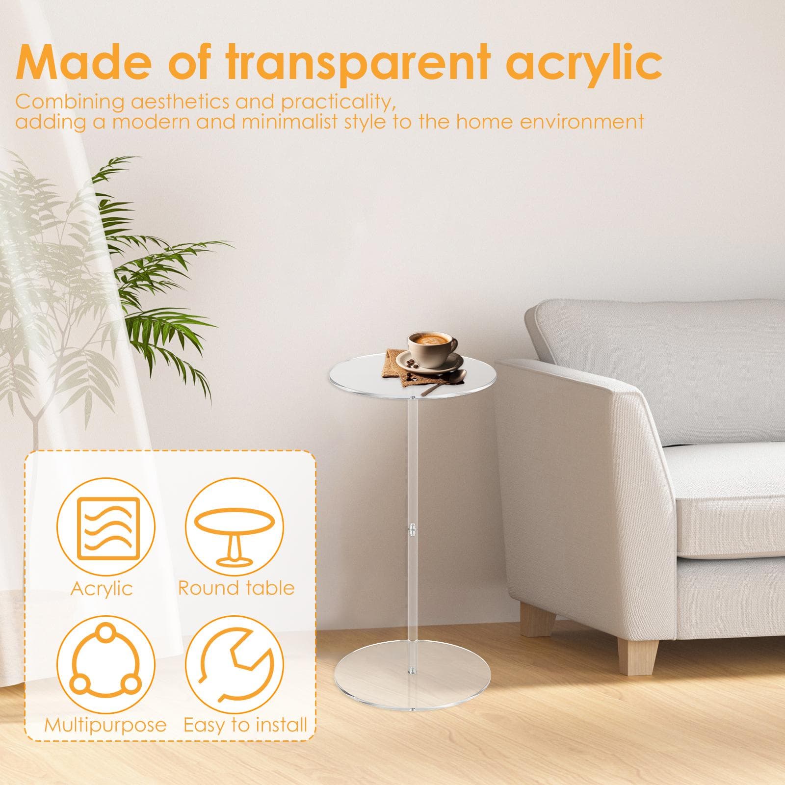 Akryl Gjennomsiktig Sofabord Drikkebord Sidebord Plassbesparende Lite Rundt Endebord Enkel Montering for Stue Soverom Kontor