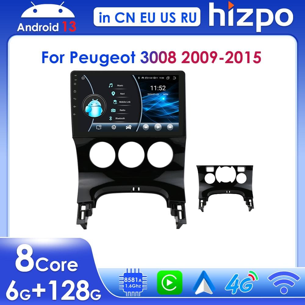 Ossuret 2DIN Android Autoradio for Peugeot 3008 AT MT 2009 - 2015 Bilradio Multimedie Videospiller GPS Navigasjon Hodeenhet Carplay Intelligent Skjerm