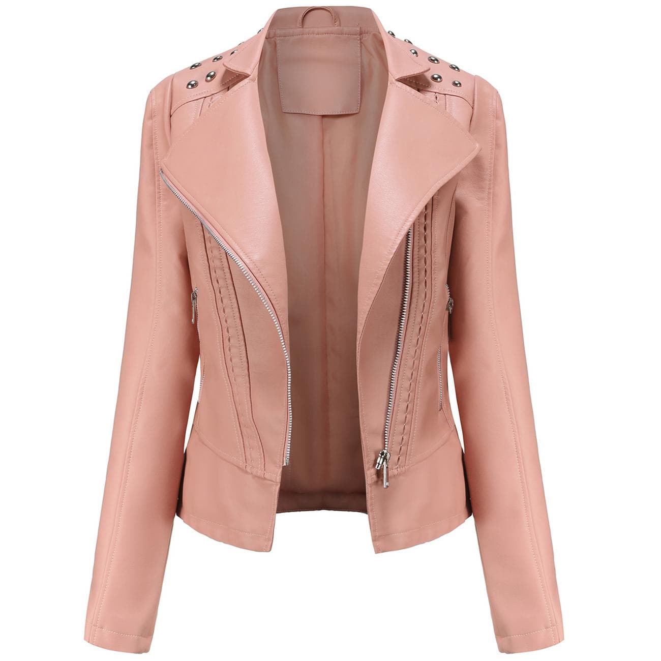 Dame imitert skinnjakke Moto Biker Short Coat PU Motorsykkel Racer Lapel Collar Crop Blazer Punk Rock Stilig yttertøy med nagler Mote Overdeler