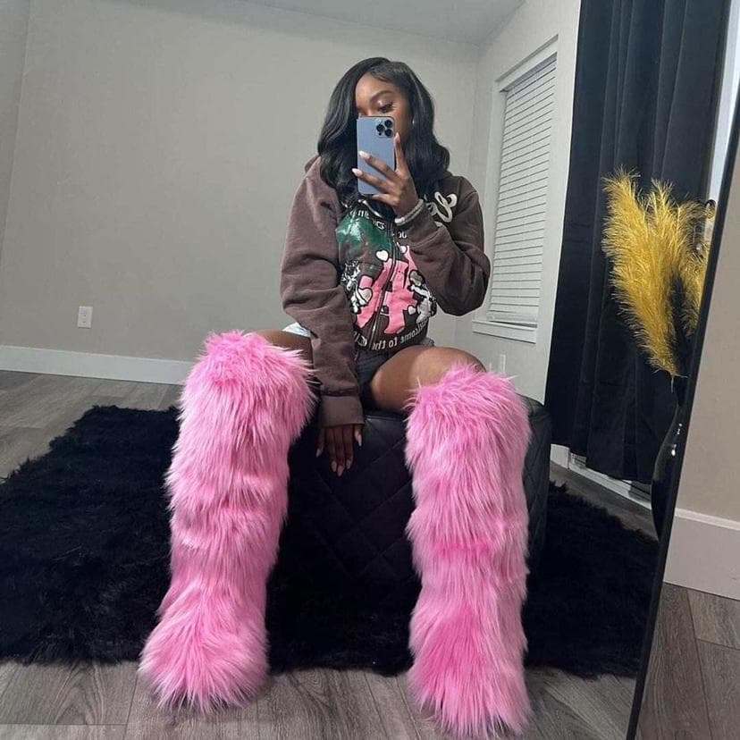 Kvinner Vinter Lår Høye Fluffy Boots Dame Furry Faux Fox Fur Lange Varme Sko Jenter Plysj Knehøye Pelsstøvler cm Svart