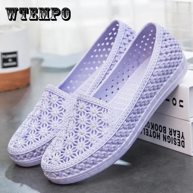 WTEMPO Dame Sommer Hollow Out Sandaler Kvinne Uformell Flat såle Ensfarget Sko Anti-skli Mors Sko Sykepleiersko Strandsko cm