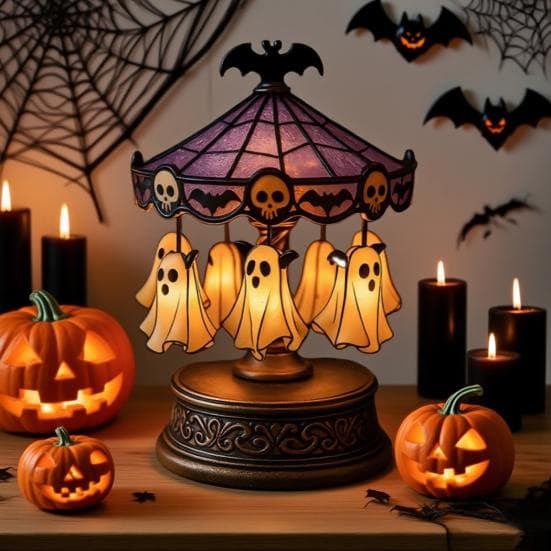 Spøkelseskaruselllys Farget glasskarusell Nattlys med flytende spøkelse Halloween Skrivebordsleselampe for soverom Peishylle Bordplate Dekor