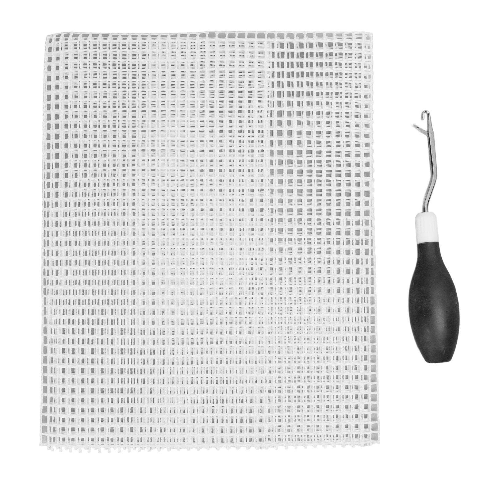 Heklekrokverktøy og teppeknyttingsnettsett Gummihåndtak Bøyd heklenål 50x50cm Nettstoff for håndverk Svart