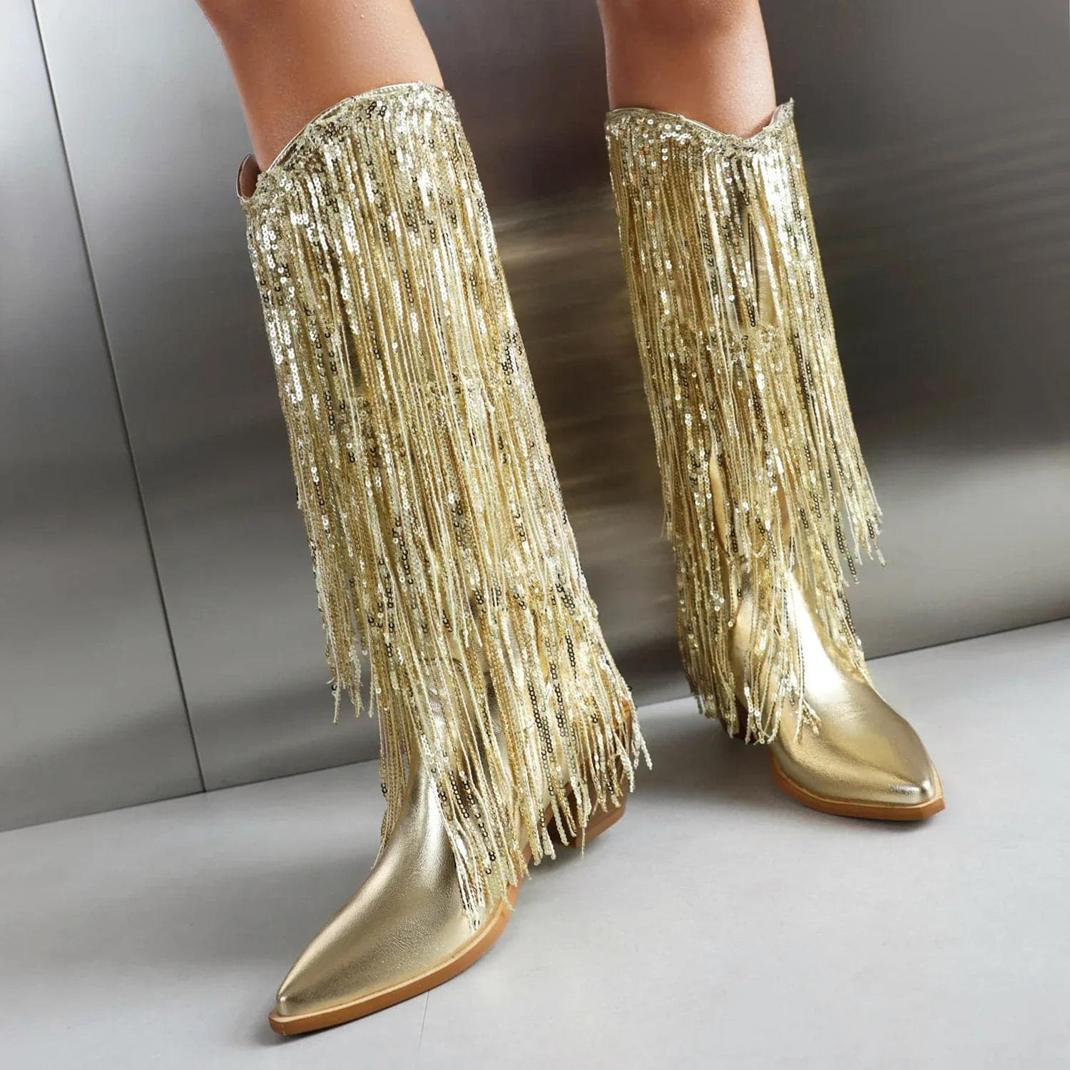 Glitter Gull Knehøye Støvletter Dame Blokkhæler Metallisk Blå Rosafarget Bling Frynser Fest Show Dame Western Cowgirl Paljetter Lange Støvletter