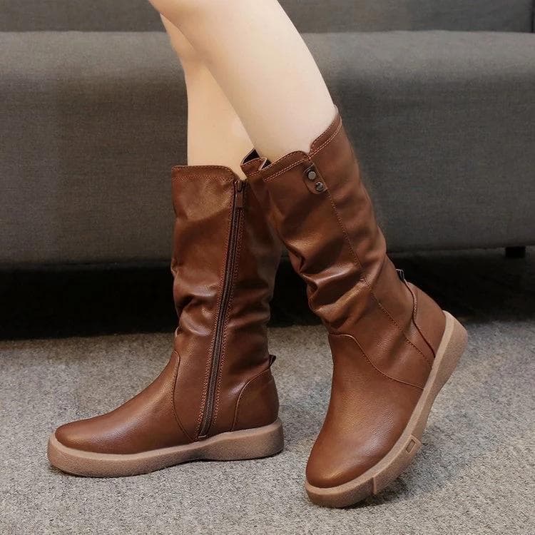 Kvinner Varm plysj pels PU-skinn Mid Calf Boots Mor Snøstøvler Kvinnelige Dame Flats Sko Zip Platform Boots cm Svart
