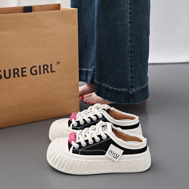 Mote CRLAYDK Mote Dame Lerret Komfortable Mules Slip On Casual Platform Loafers Ryggløse Sko Dame Innendørs Utendørs Slides cm