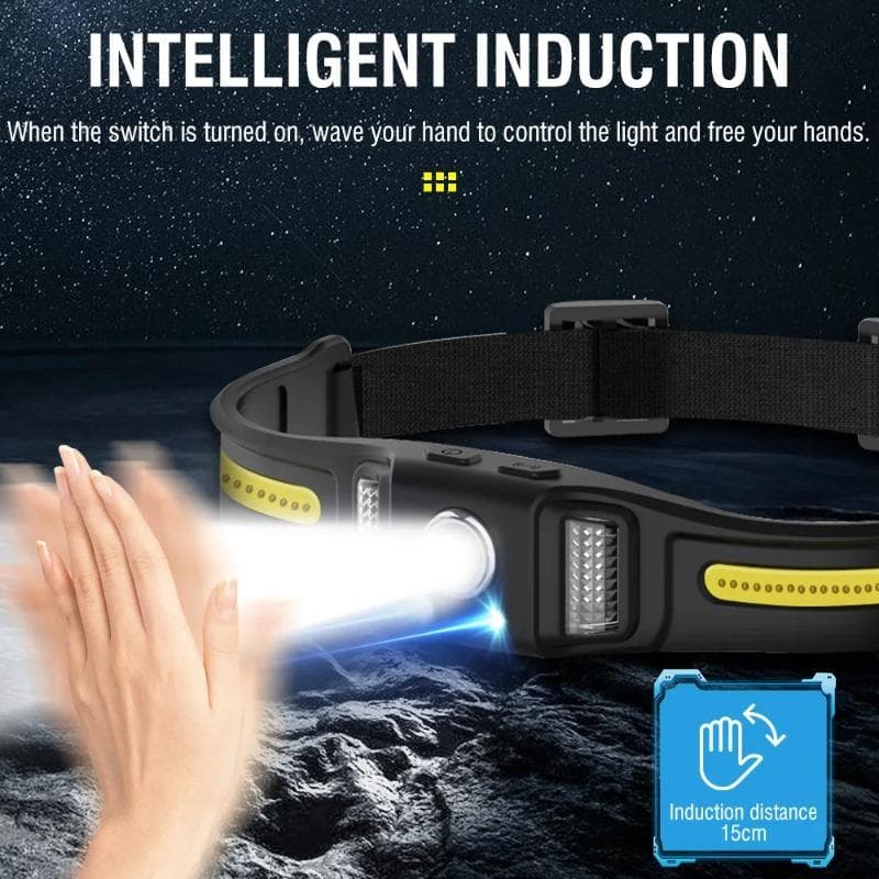 3000LM Kraftig COB LED-hodelykt Induksjonslykt Silikon USB-C Oppladbar Hodelykt Camping Fiskelykt