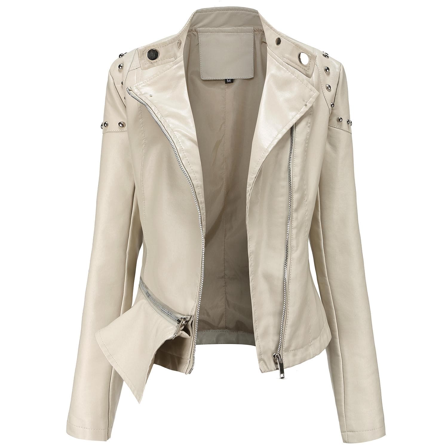 Damemote jakke i imitert skinn Zip Up PU Moto Biker Rivet Skulder Volanger Hem Beskjært Slank motorsykkeljakke Uformelt kort yttertøy for høsten