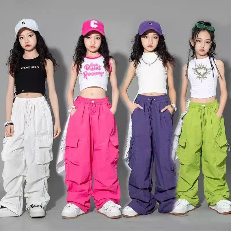 Hip Hop joggebukser for barn Jenter Cargobukser Rette tenåringsbukser Høy midje Vintage Casual Streetwear Baggy-bukser 160cm rosa rød farge