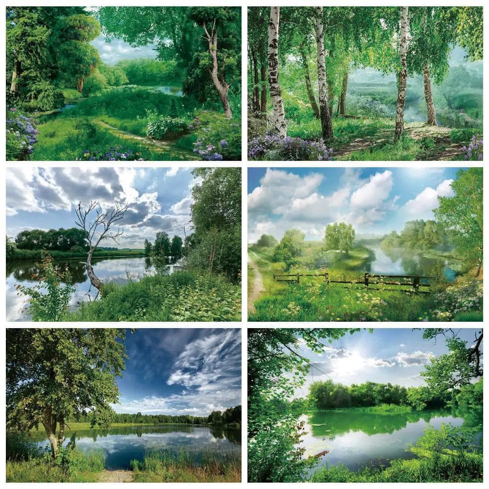 Grønn Spring Tree River Bakgrunn Naturlig blomst Gress Landskap Fotostudio Bakgrunn Feriedekor Fotografi rekvisitter