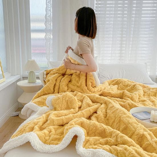 Fortykket vinterteppe Dobbeltsidig fluff plysj dobbeltlags 3D jacquard ensfarget kontor Blå
