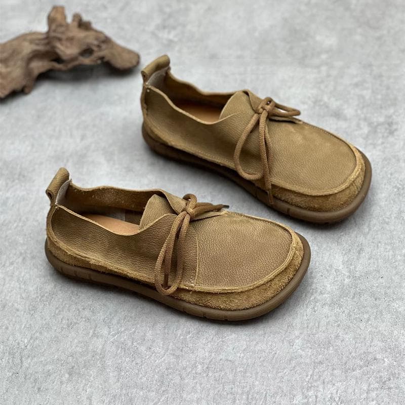 Johnature Håndlaget ekte skinn Flats Damesko Rund tå Grunne Soft Loafers Retro ensfargede sko cm kaffe