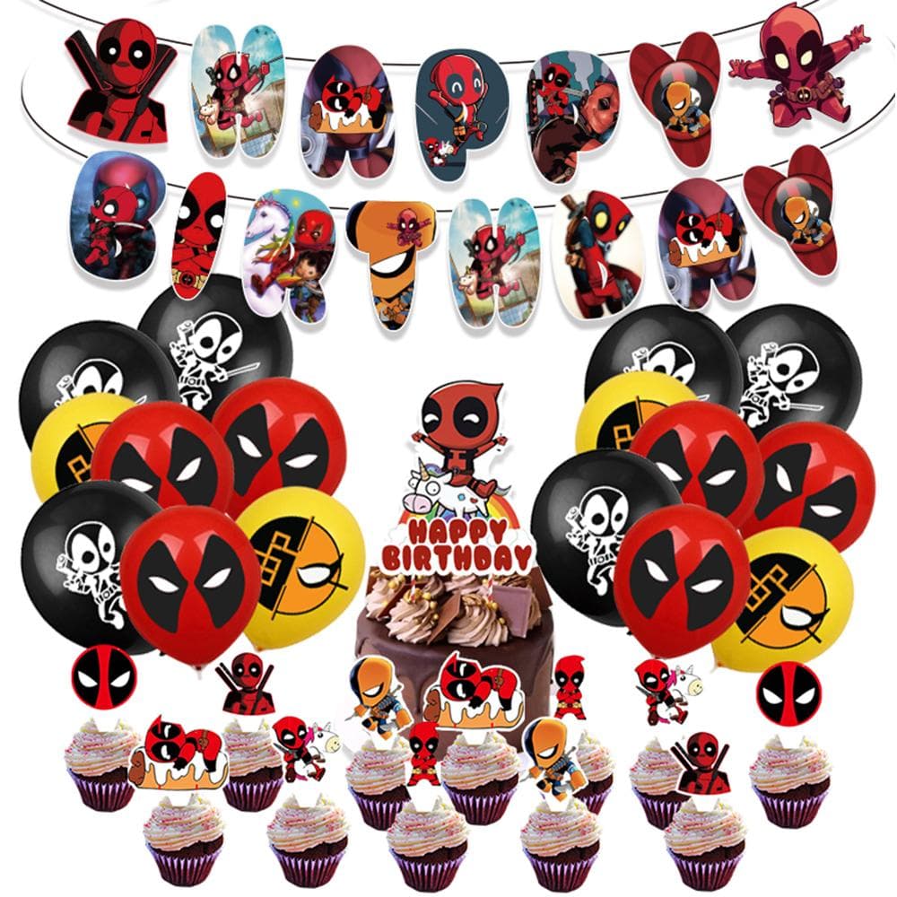 32 stk. Deadpool Temafestrekvisitter Inkluderer Banner Ballonger Cupcake Toppers