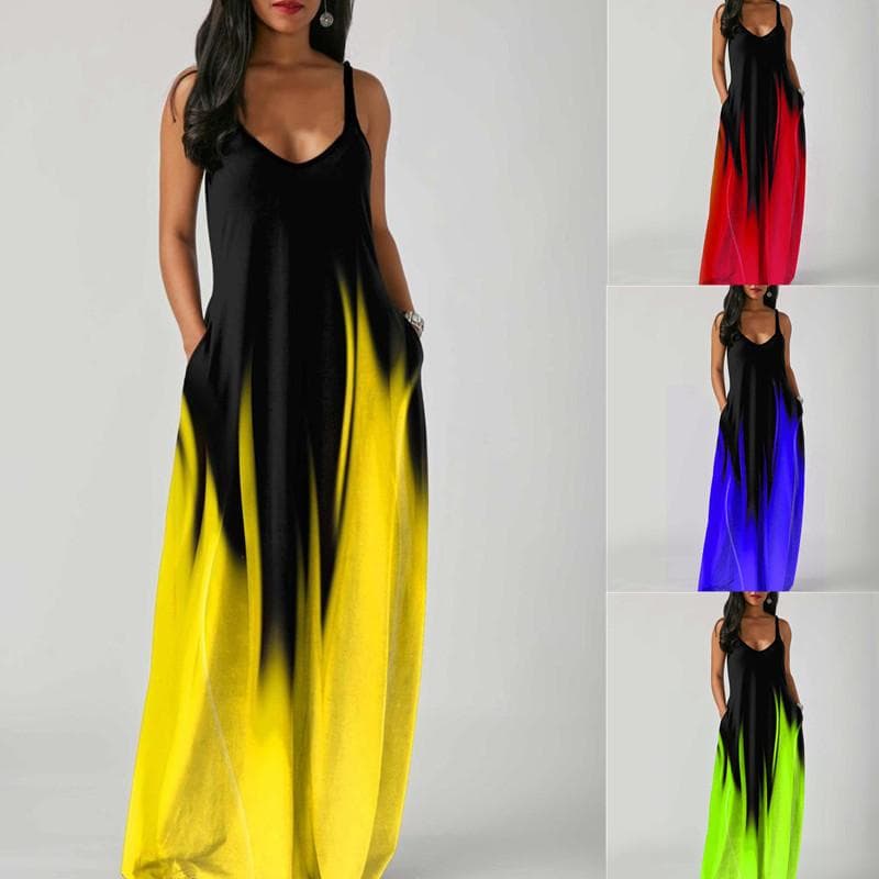Kvinner Sommer Spaghetti Strap A Line Loose Long Gradient Print Dress Plus Size cm