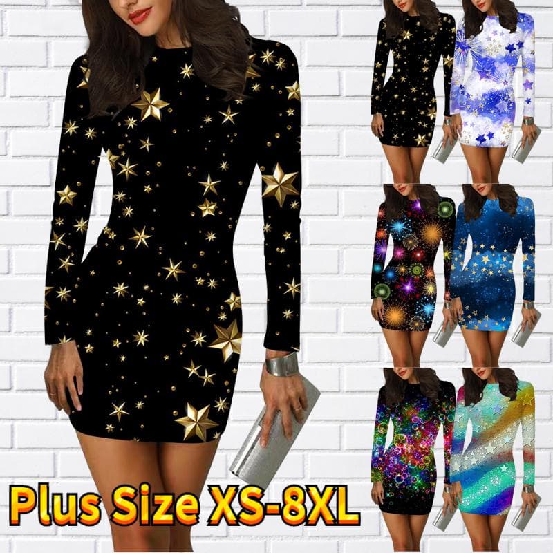 Langermet Bodycon 3D Shiny Stars Print Kjole Kvinner Minikjoler Høst Skinny Stretchy Party cm Rød