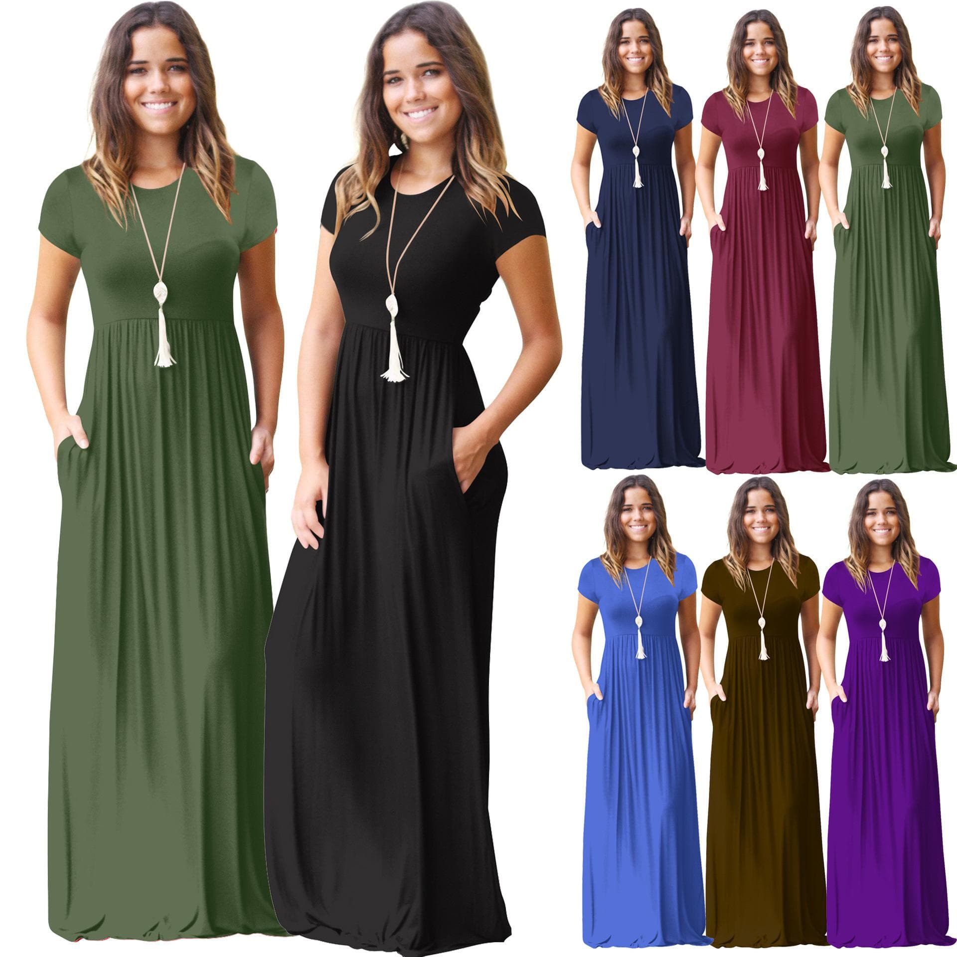 Sommer Kortermet Maxikjole Dame Solid Boho Strandkjole Dame Kveldsfest Lang Kjole Solkjole cm