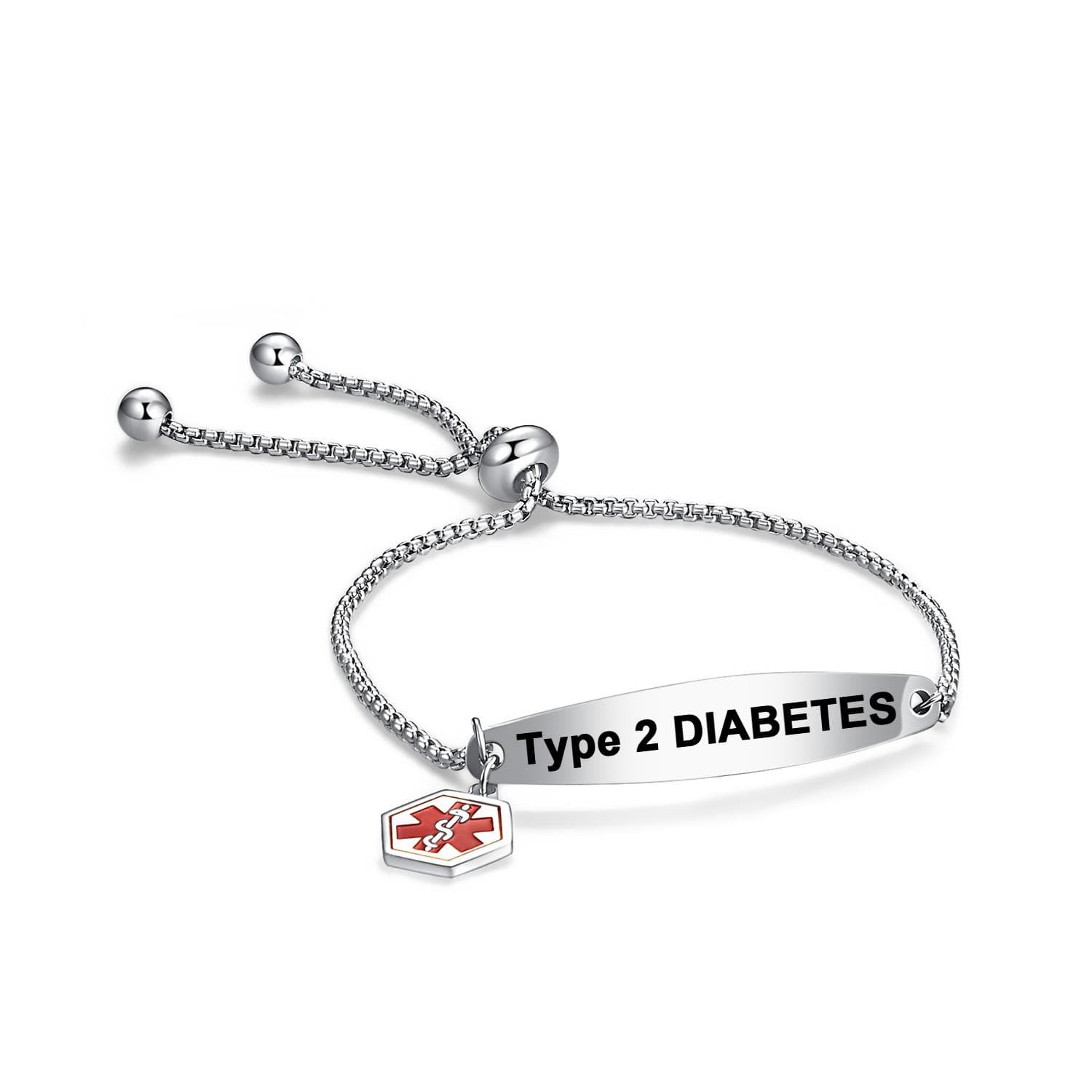 Medisinske varselarmbånd for kvinner Medisinske ID-armbånd TYPE 2 DIABETES Justerbart medisinsk armbånd i rustfritt stål