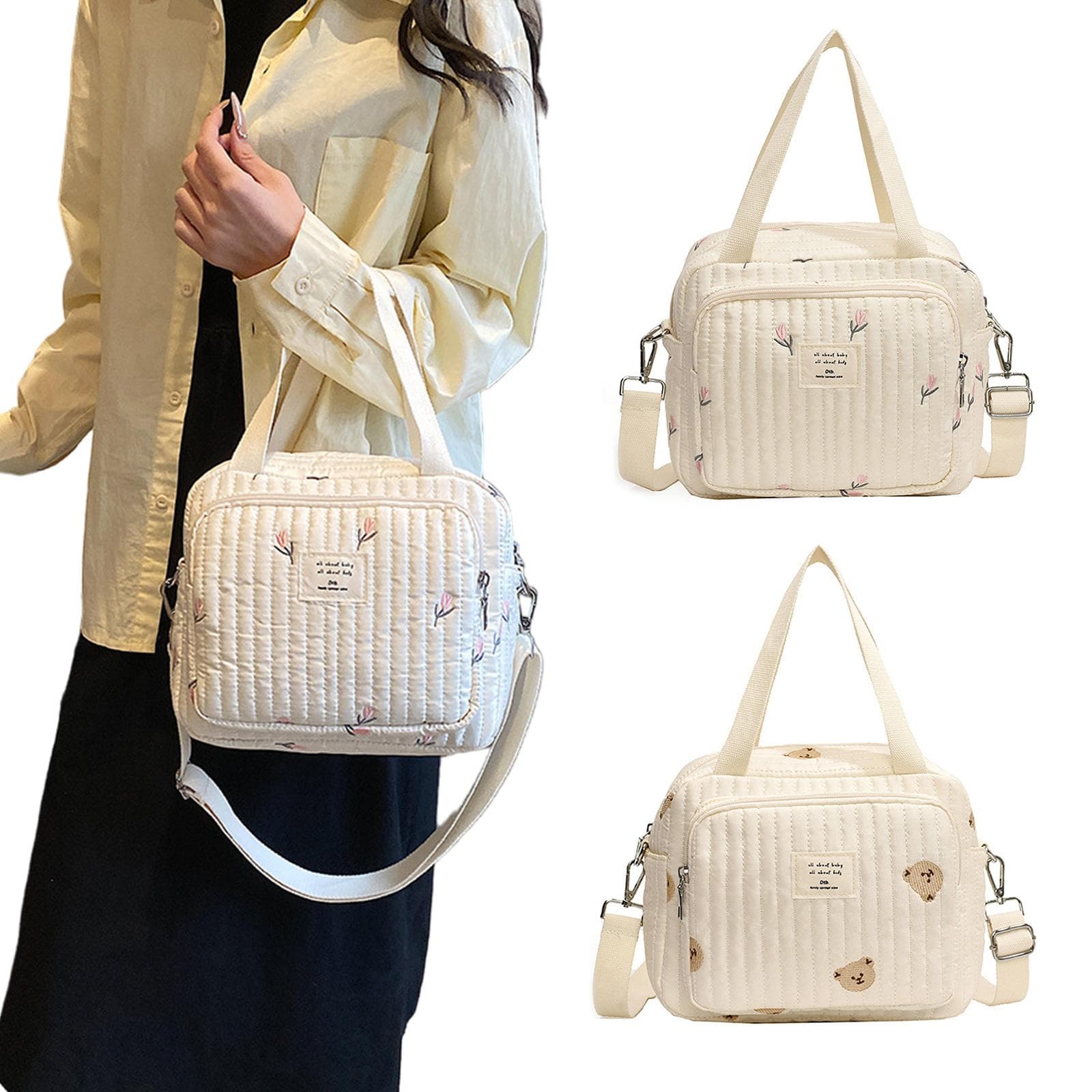Broderte bleiebager for mødre Moteriktig Dobbeltbladblomst/Bjørn Babyorganisator Etui Pose med Justerbar Stropp cm