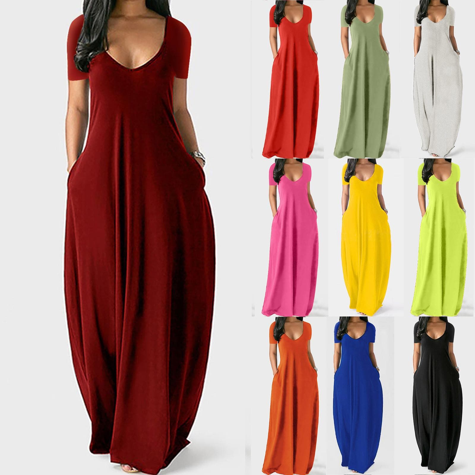 Constantine Fashion Kvinner Casual Plus Size Solid V-hals lommer Kortermet lang kjole cm Lilla