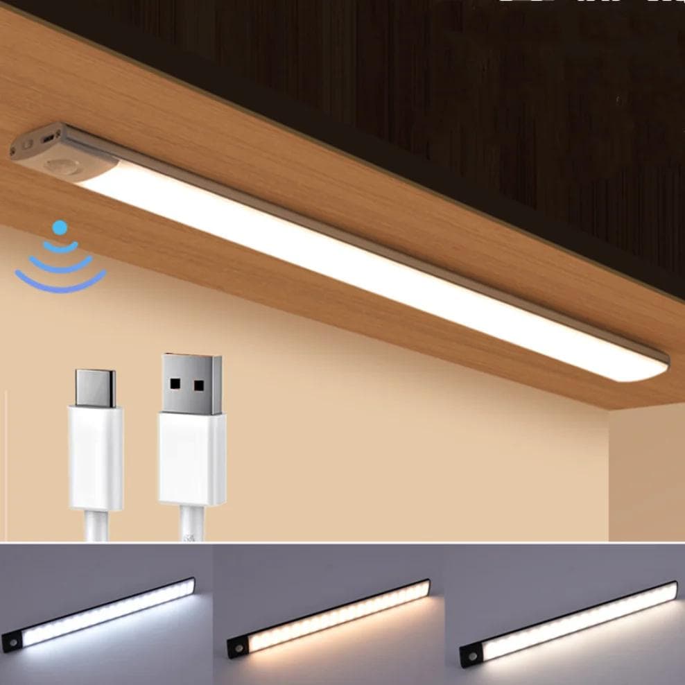 LED-lys Skapbelysning PIR Bevegelsessensor LED USB Oppladbar Svart Aluminium Kjøkkenskap Lys Belysning Ultratynn Hvit