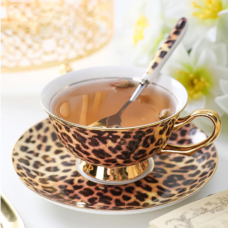 High-End Leopardtrykk Benporselen Kaffekopp og Skål Lett Luksus Nisje Ettermiddagste Koppsett Keramisk Gaveeske