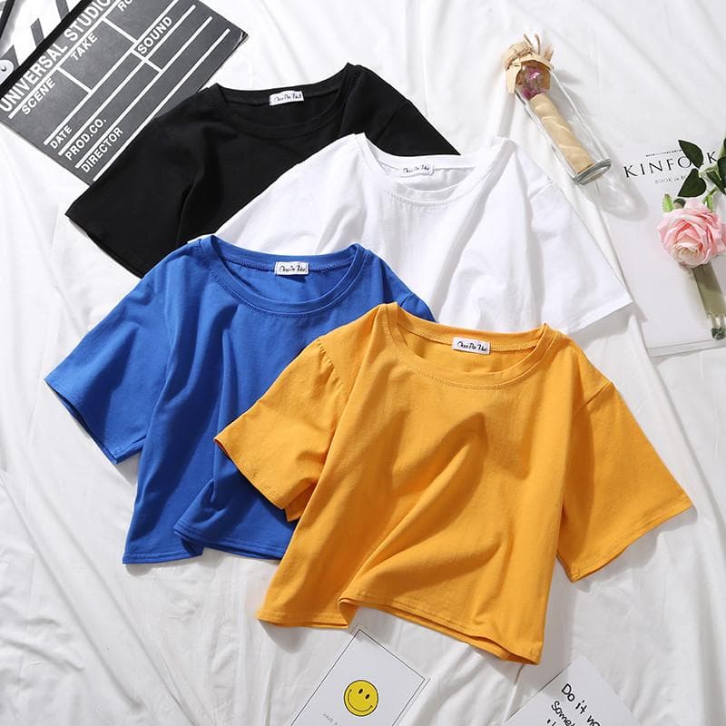 Sommer kortermede t-skjorter kvinner solid bomull t-skjorte o-hals høy midje crop top t-skjorte dame Uformell løs t-skjorte cm Gul
