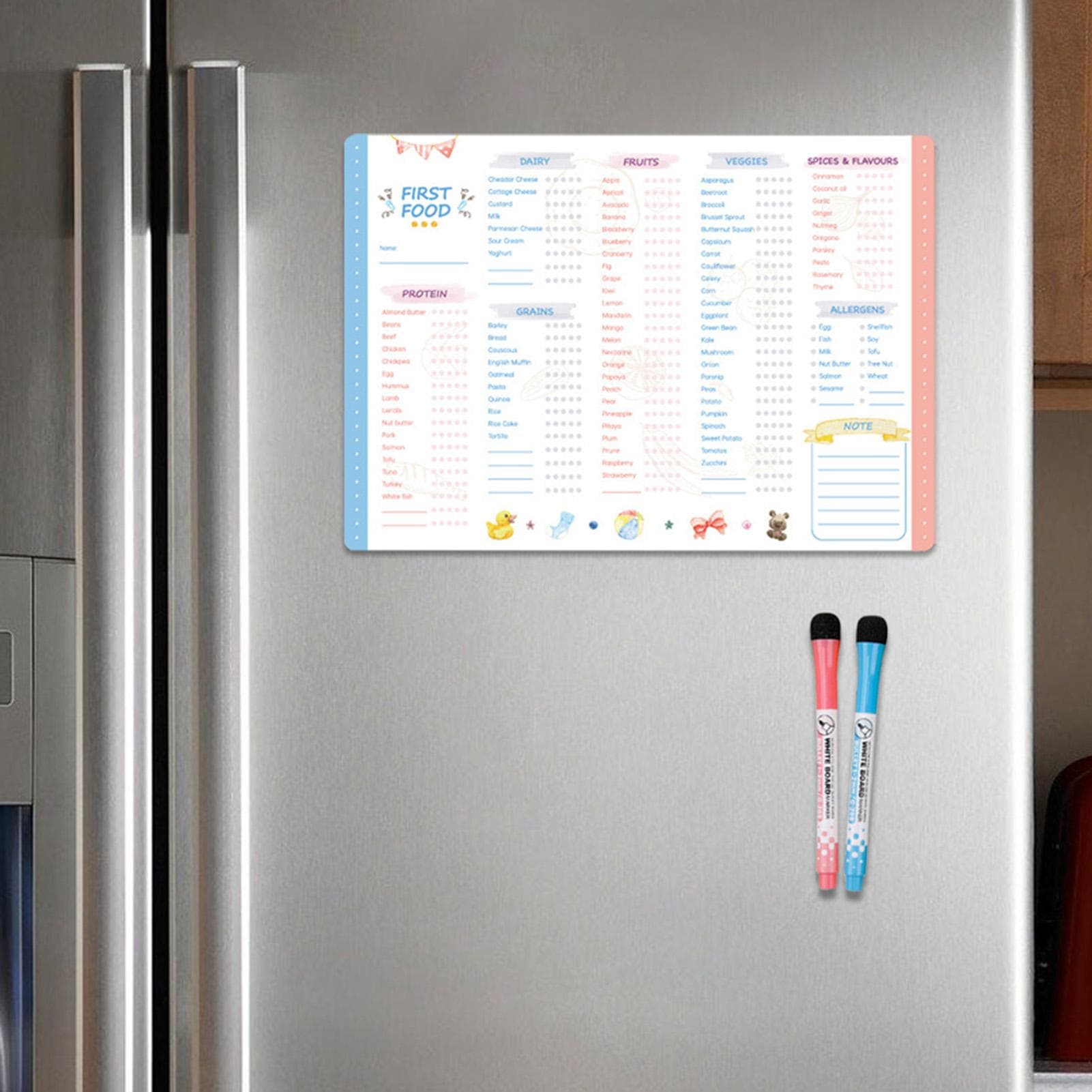 Sjekkliste for babyens første matvarer Magnetisk Gjenbrukbar Babyfôringssporer Venneslutt Viktig Gjenbrukbar Matplan for Småbarn Kjøleskapmagnet
