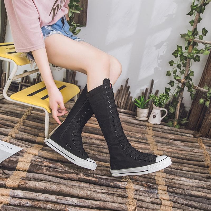 Mote Dame Canvas Støvler Glidelås Sko Komfortable Damesko Flate Høye Dame Sneakers Snøring Knehøye Støvler Bota Feminina cm