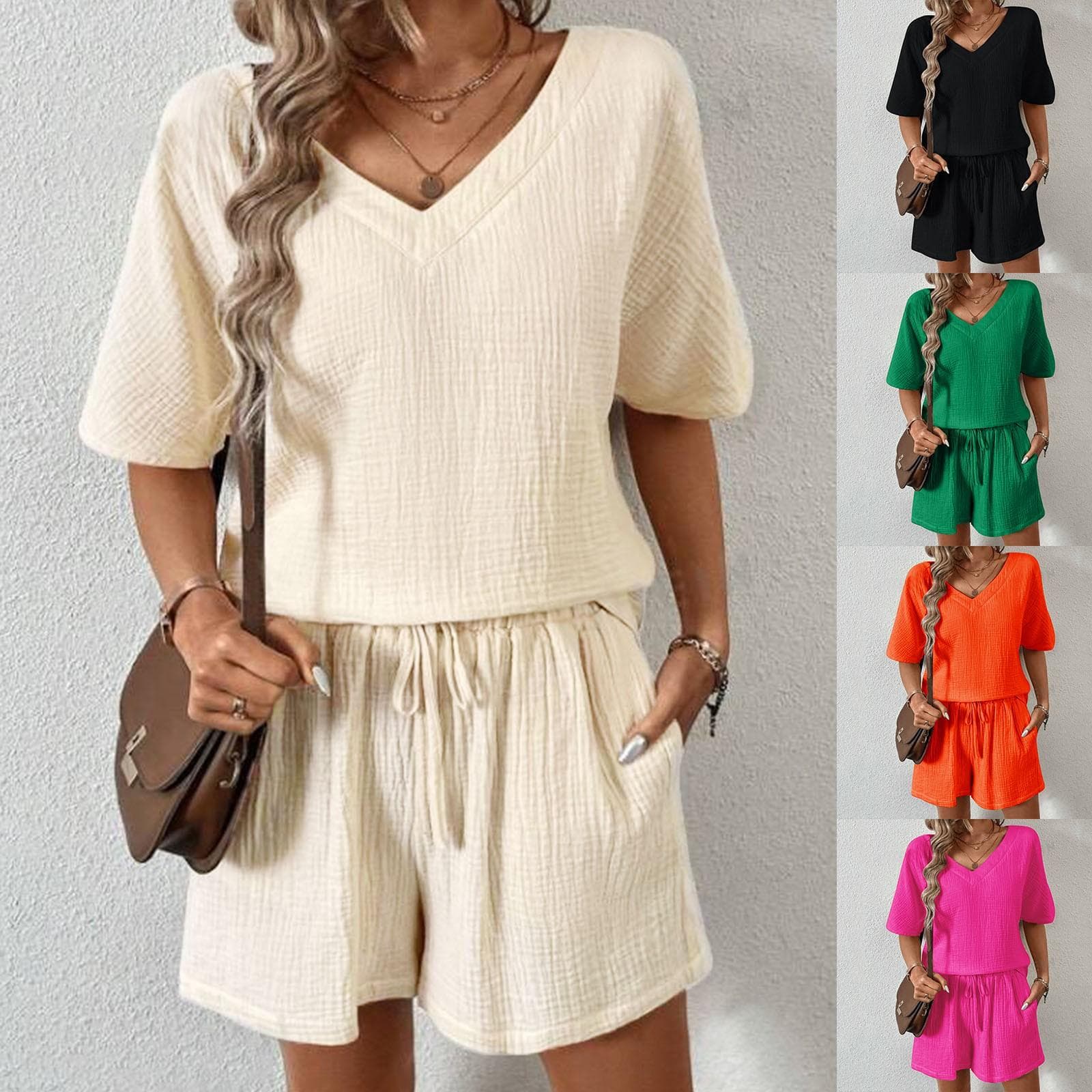 Dames Ferie Mote Casual Dress Ensfarget Sommer Shorts Og Skjorte Topp Todelt Sett Reversskjorte Sexy Slim Svømming Tech cm Oransje