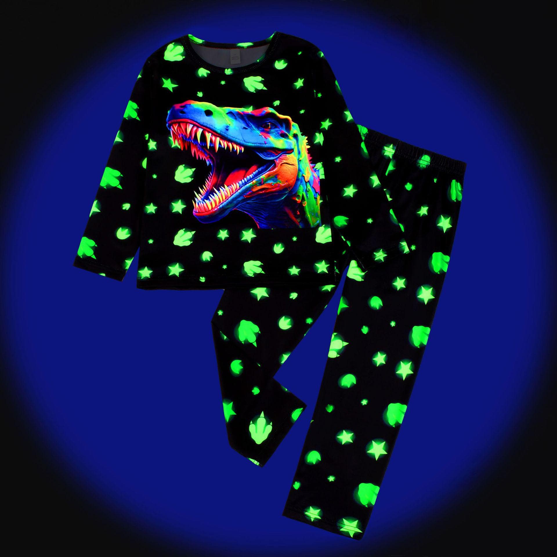 Digitalt grønt fluorescerende dinosaurbil-pysjamassett for gutter og jenter - Langermet og bukser cm