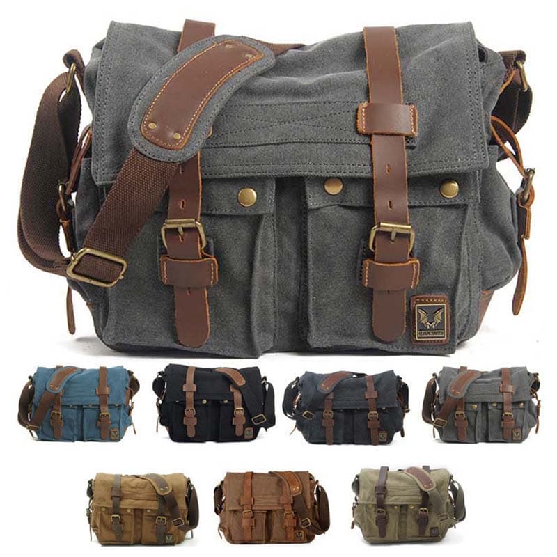 SCIONE Euro-amerikansk Vintage Canvas Crazy Horse Lær Messenger Bag med Stor Kapasitet Vanntett Herre Fritids Skulderveske med Flere Lommer lys