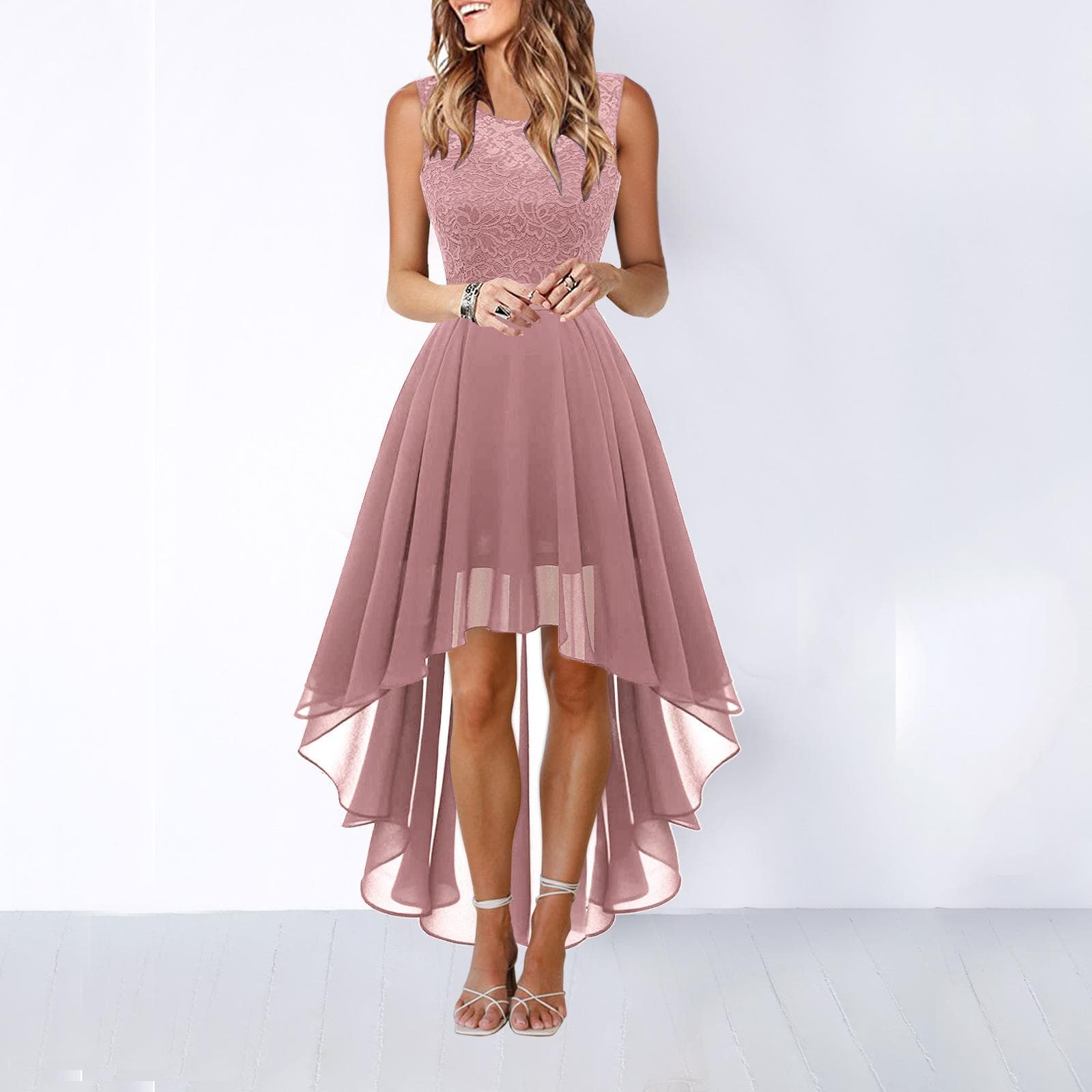 Kvinner Blonder Ermeløs Chiffon Rundhals Ensfarge Stor Swing Uregelmessig lang kjole Bryllup Elegant Fest Kveldskjole cm vinrød farge