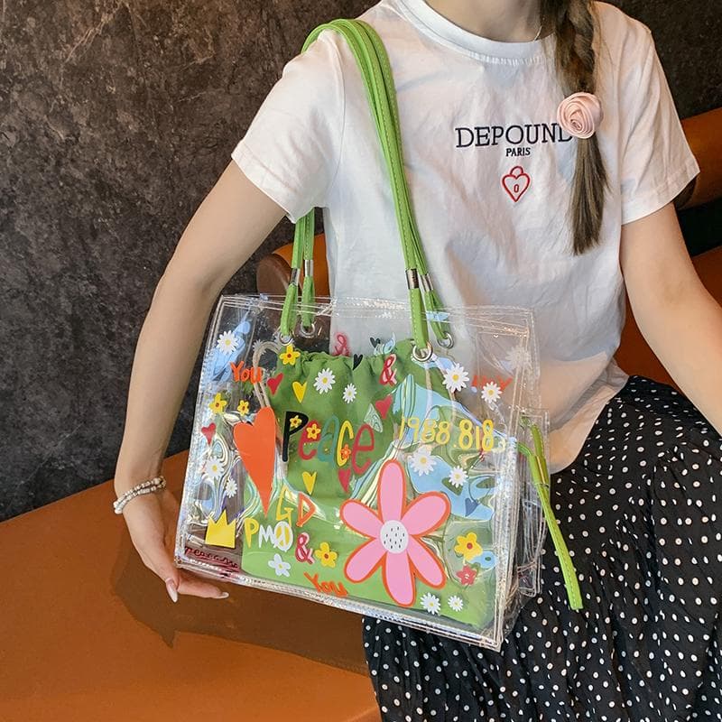 Gjennomsiktig tote bag moteriktig og populær stor kapasitet fargerik graffiti sommer ungdom ny følgesvenn gave
