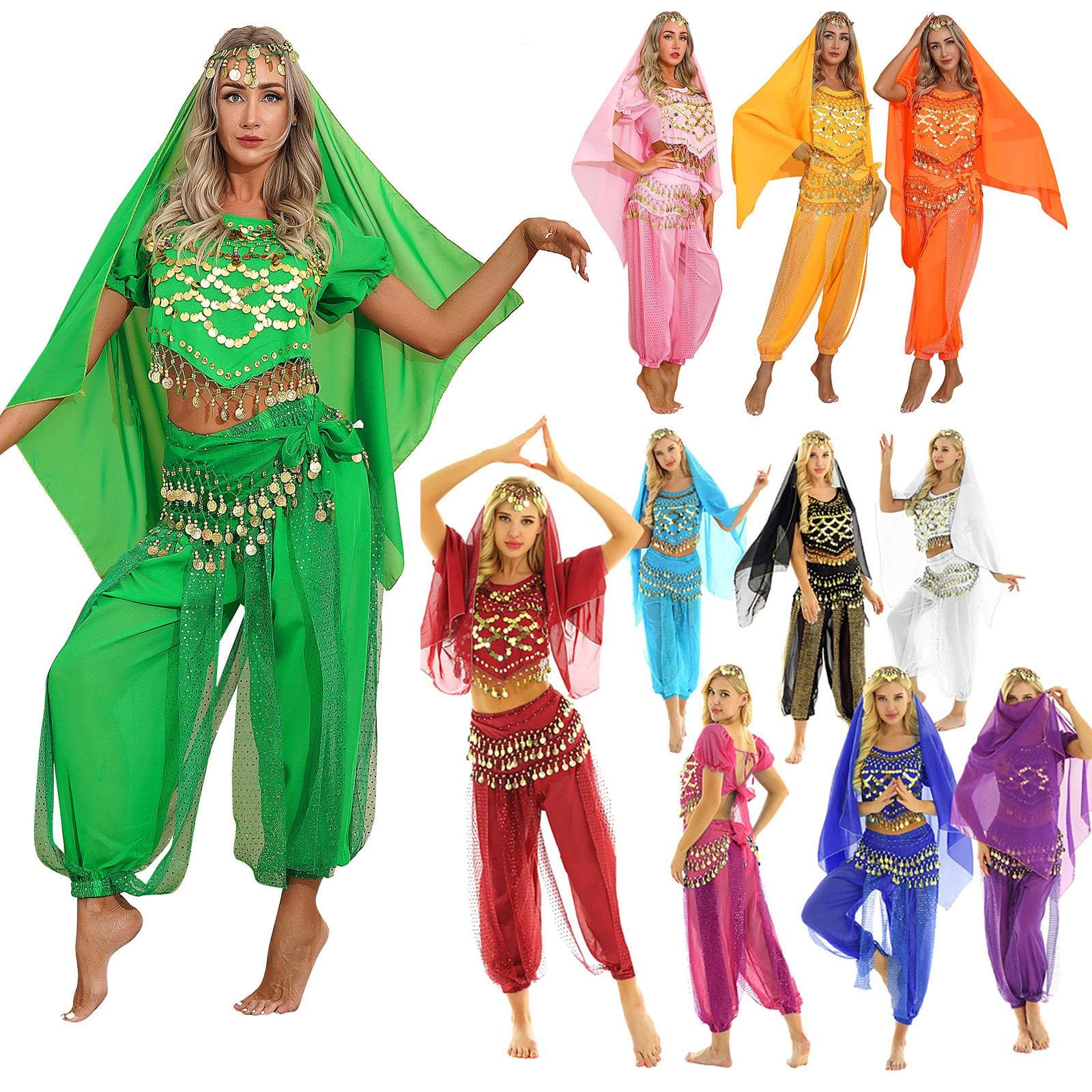 Kvinner Halloween Karneval Sceneforestilling Egypt Magedanskostyme Bollywood Indisk dansekjole Chiffon Sari-sett Svart