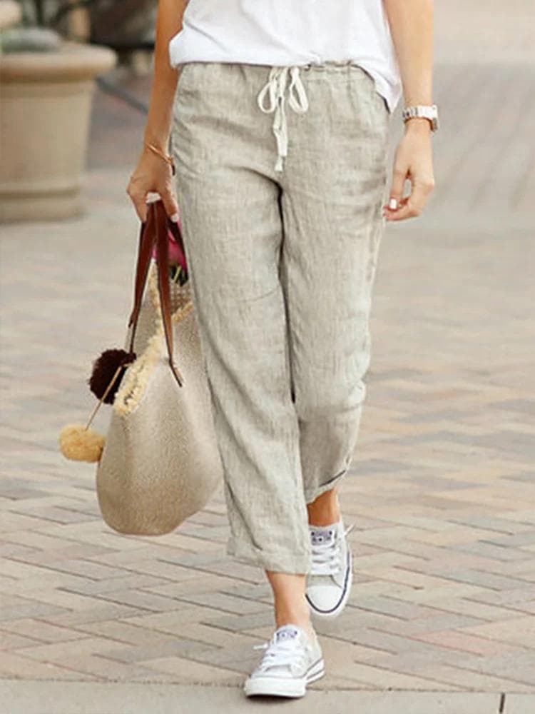 Dame Elegant Enkel Bukse Mote Snøring Design Ensfarget Kortermet Bukse Løs Casual Elastisk Midje Kontordame Bukser cm Svart