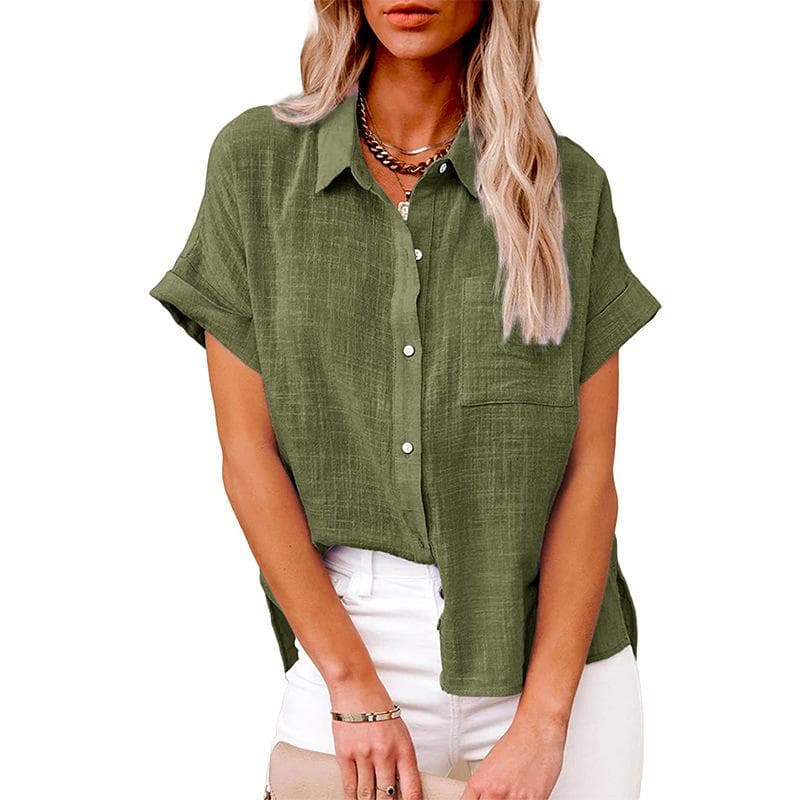 Dame Sommer Ensfarget bomull Lin Skjorter Lapel Kortermet Button Up Uregelmessig lomme Blå Hvit skjorte cm