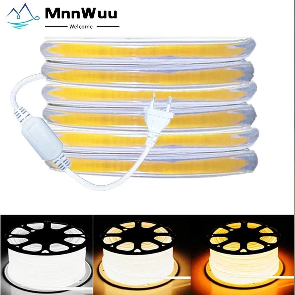220V COB LED Strip Light EU Power Plug IP67 Spenne fiksering LED Strip lampe Fleksibel COB Linear Light Bar 3000K 4000K 6000K 1-21m Hvit