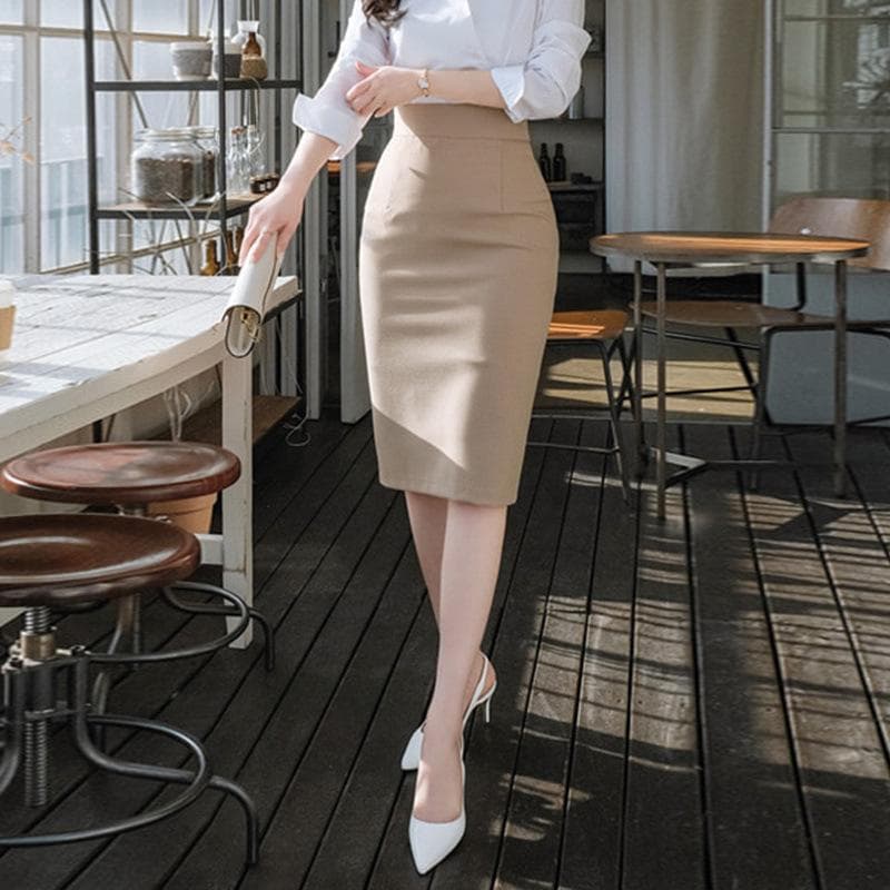 Dame Sommer Ensfarget Hoftesittende Arbeidsskjørt Sliss Høy Midje Elegant Kontorskjørt cm khaki