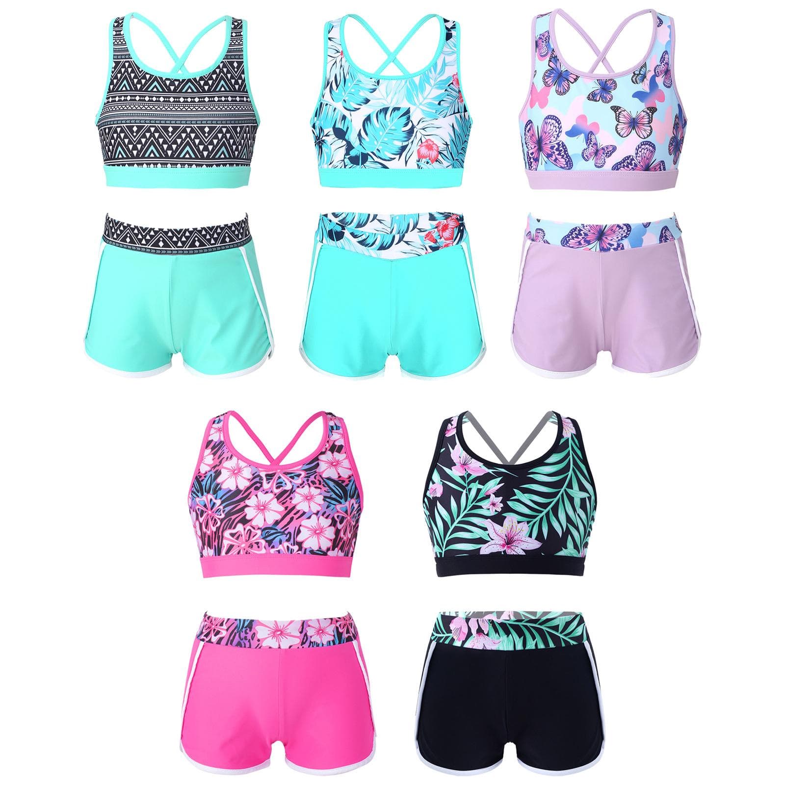 2 stk Badedrakt med trykk for barn, jenter Ermeløs stropper rygg Crop-top med shorts-underdel Activewear-sett Badetøy cm
