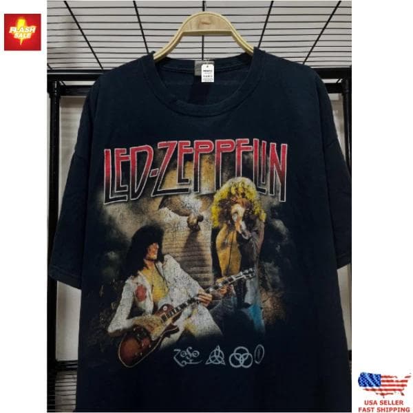 100% bomull TOPPER UNISEX T-SKJORTER HERRER DAMER Vintage Led Zeppelin Band T-skjorte, Rocklegende Konsert Grafisk T-skjorte Gave Til Fan cm Svart