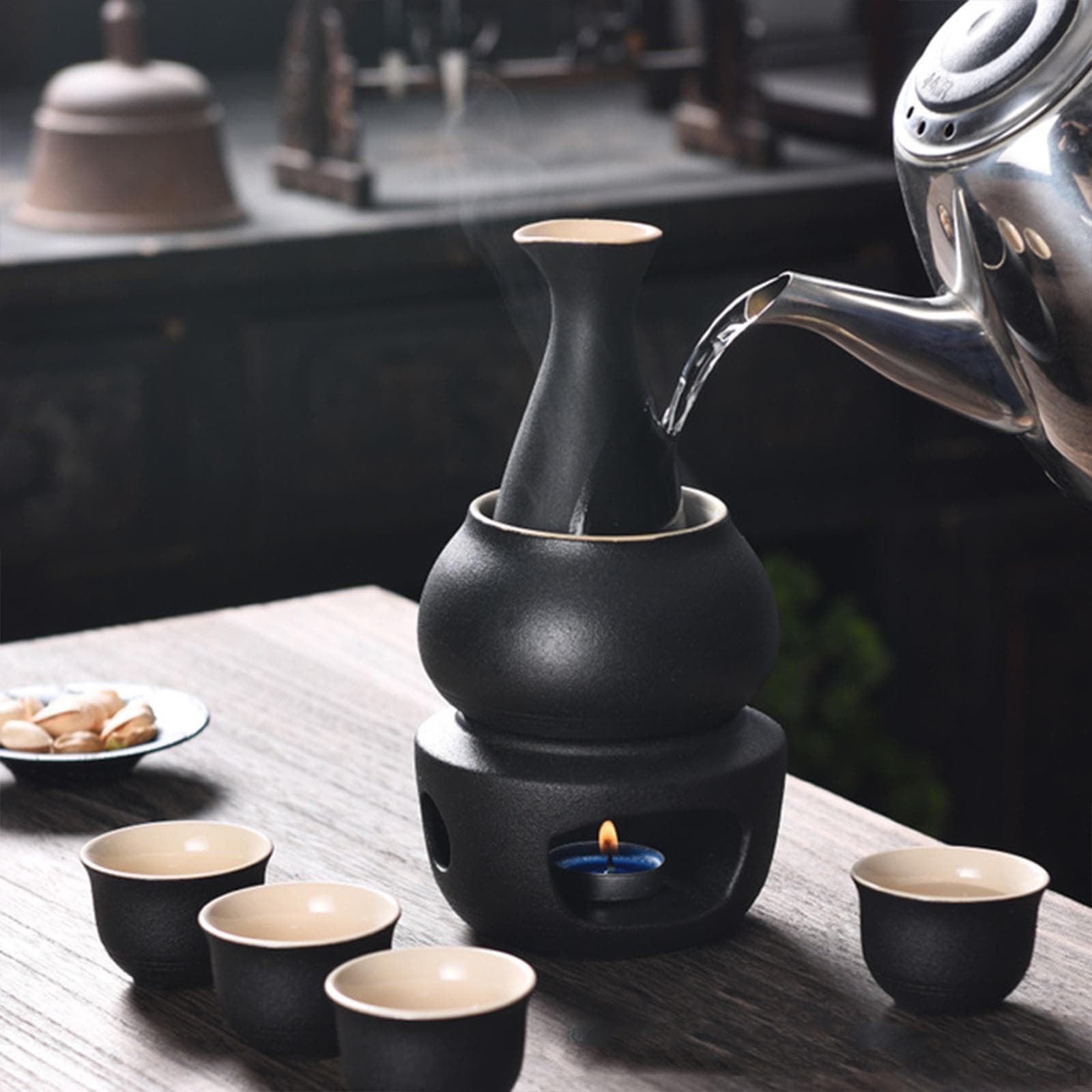 Sake-settkopper med varmere, tradisjonell varmeskål, 4 kreative drikkeporselen
