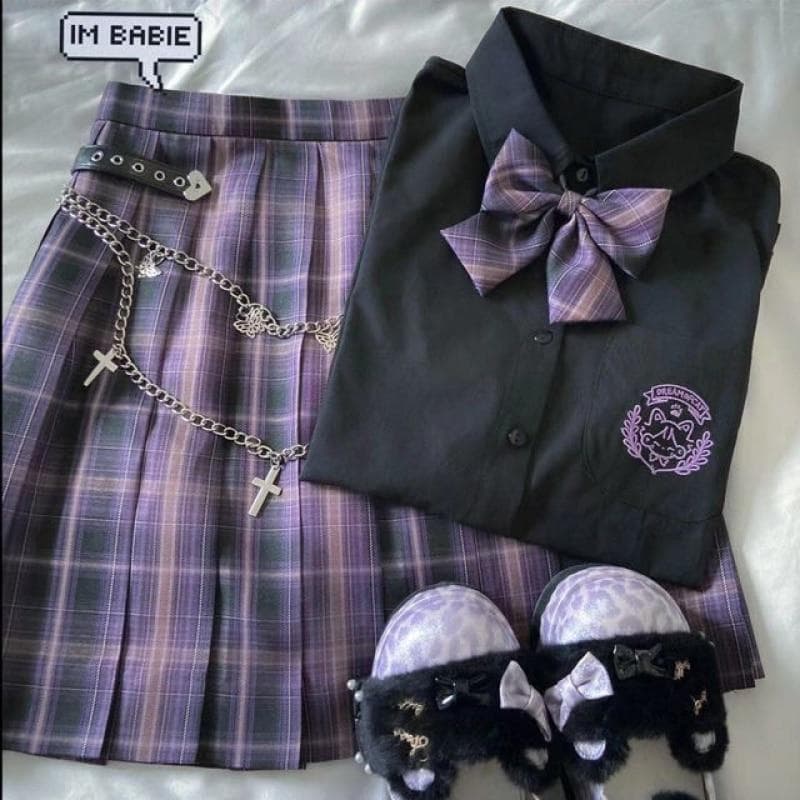 Japansk Harajuku tredelt sett rutete miniskjørt for kvinner Skoleuniformer Skjørt A-linje søt høy midje kvinner Kawaii dresser og sett