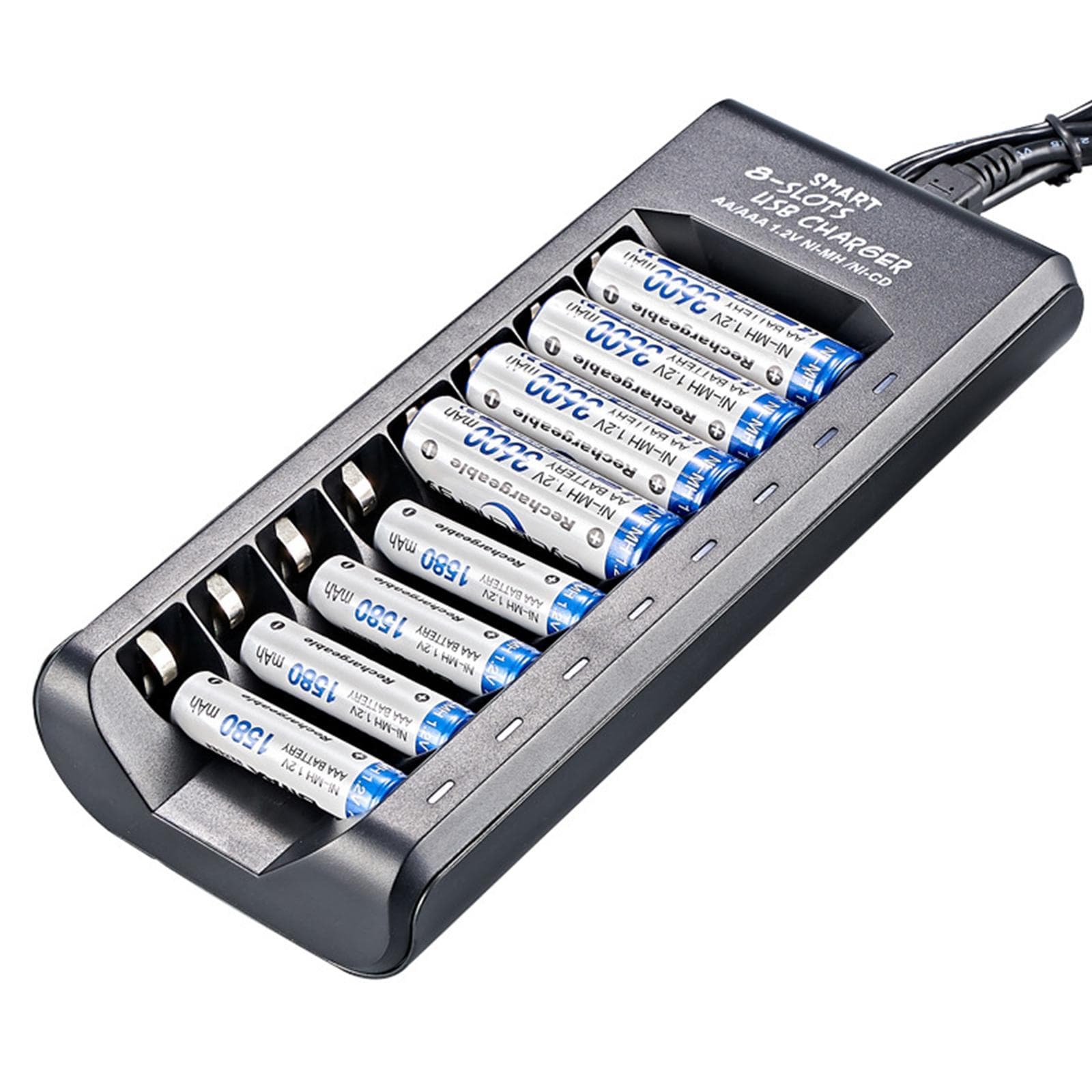 8-spors smart batterilader for 1,2V Ni-MH AA/AAA oppladbare batterier USB Plug and Play-batteri Svart