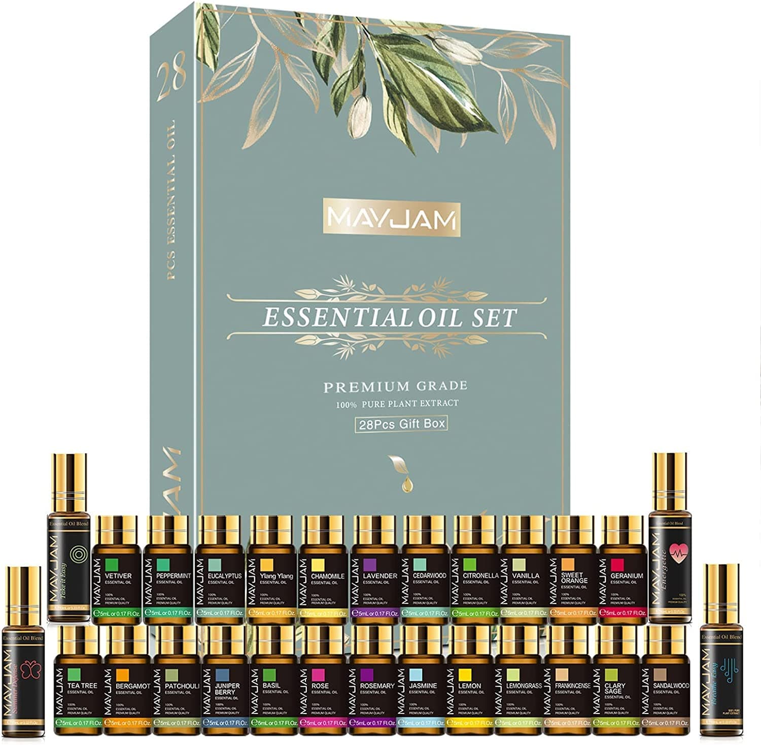 MAYJAM 28 stk Eteriske oljer Gavesett Sitron Vanilje Rose Lavendel Duft Oljer for Aromaterapi Diffuser Massasje Avslapning DIY Frukt Parfyme