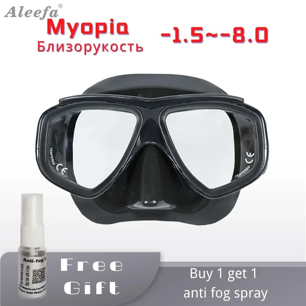 Voksen resept dykkermaske Myopi med herdet glass Antidugg Spray, Silikonskjørt, Klar Svart