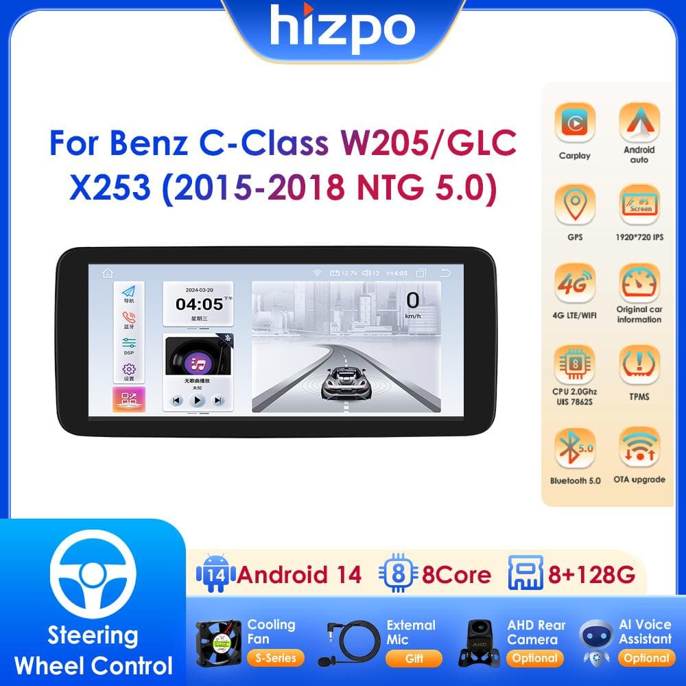 Hizpo Android 14 Octa Core Smart Bilsystemer Støtter CarPlay Android Auto for Mercedes-Benz C-Klasse W205/GLC X253 2015-2018 NTG 5.0 Intelligent