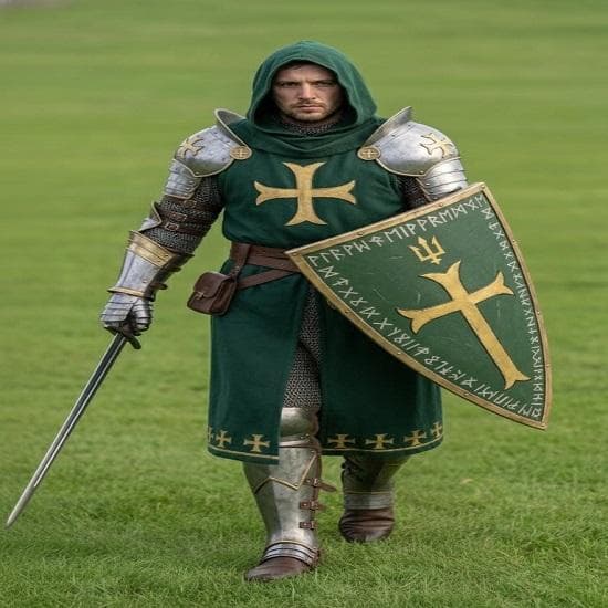 Korsfarer Riddertunika Grønn med Gullkors, Middelaldersk Rustning i Rytterstil, Skjold med Vikingruner Fullt Plate Rustningssett for Halloween