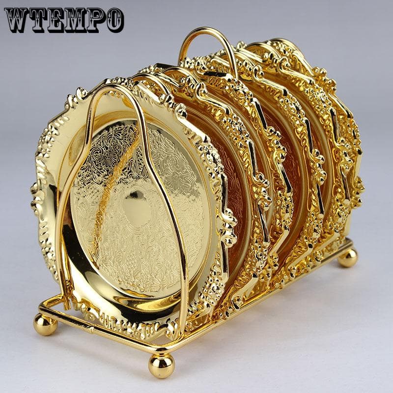 WTEMPO 6 STK Coasters med stativ Retro high-end dekorative dekorasjoner til hjemmet Kopp kaffe dekkebrikker Varmeisolasjonsputer gull