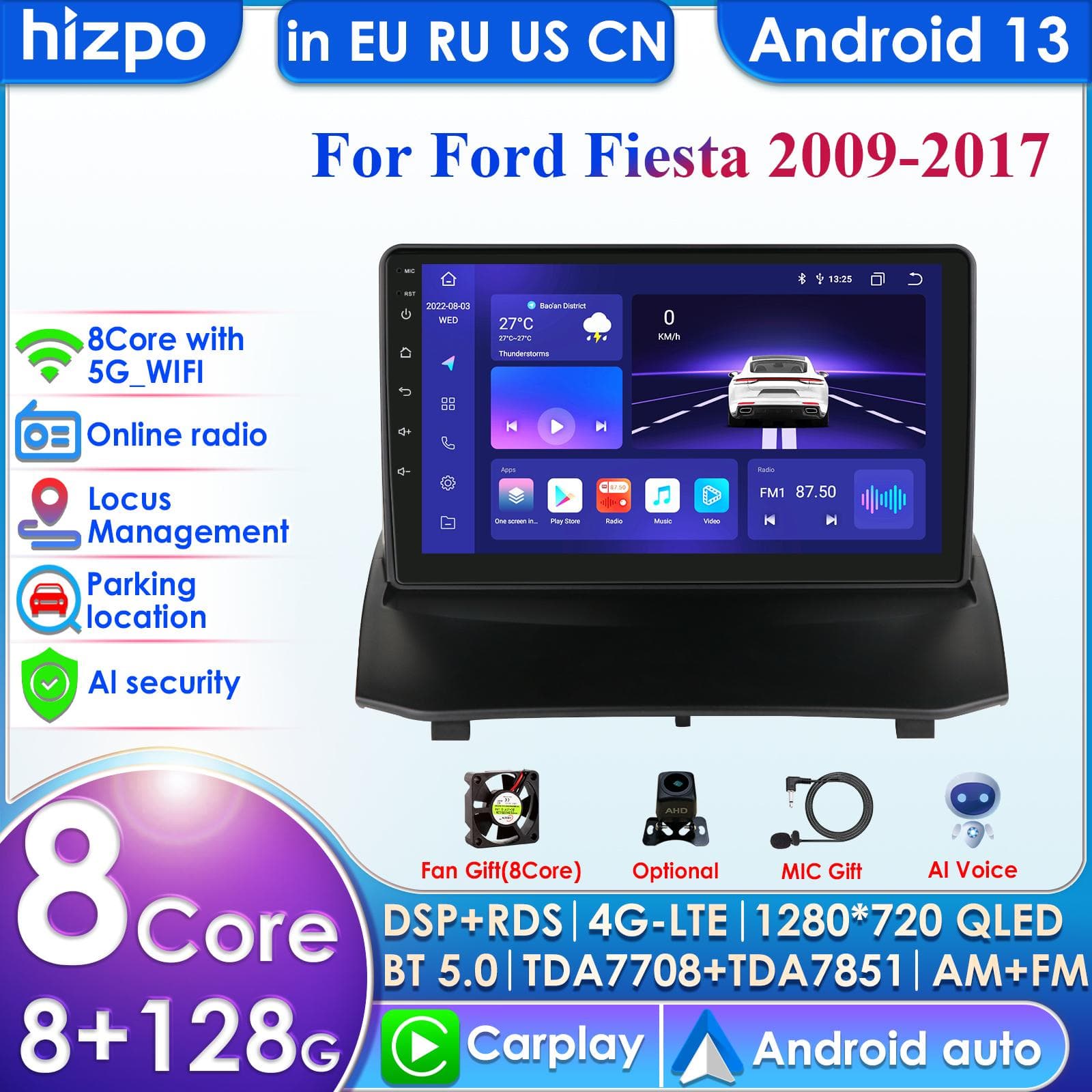 Hizpo 2DIN Android Autoradio for Ford Fiesta 2009 - 2017 Bilradio Multimedia Videospiller GPS-navigasjon Hovedenhet Carplay 4G WIFI Intelligent DVR DS